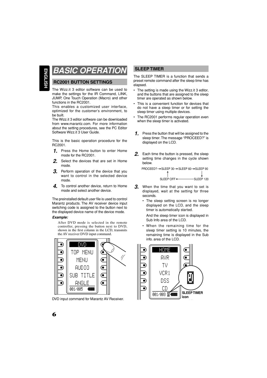 Marantz manual Basic Operation, RC2001 Button Settings, Sleep Timer, Example, DVD input command for Marantz AV Receiver 