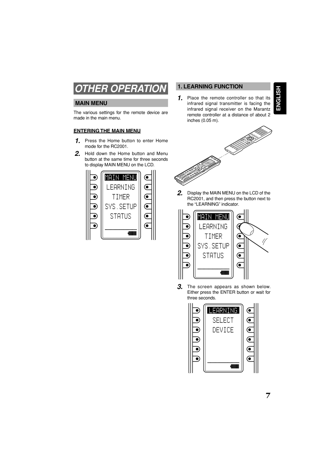 Marantz RC2001 manual Other Operation, Learning Function, Entering the Main Menu 