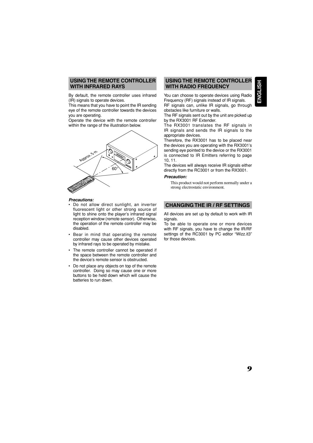 Marantz RC3001 manual Using the Remote Controller With Infrared Rays, With Radio Frequency, Changing the IR / RF Settings 