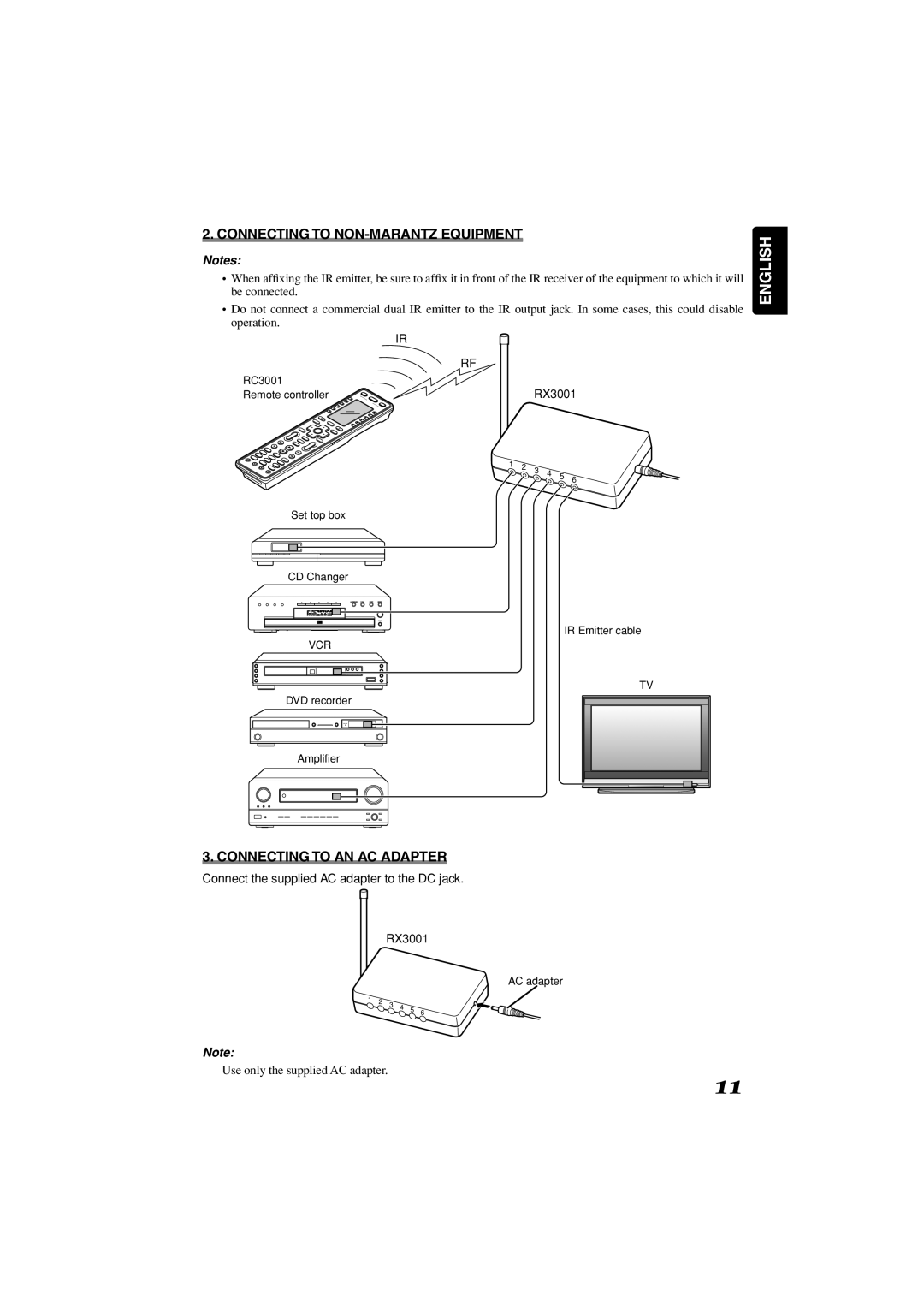 Marantz RC3001 manual Connecting to NON-MARANTZ Equipment, Connecting to AN AC Adapter 