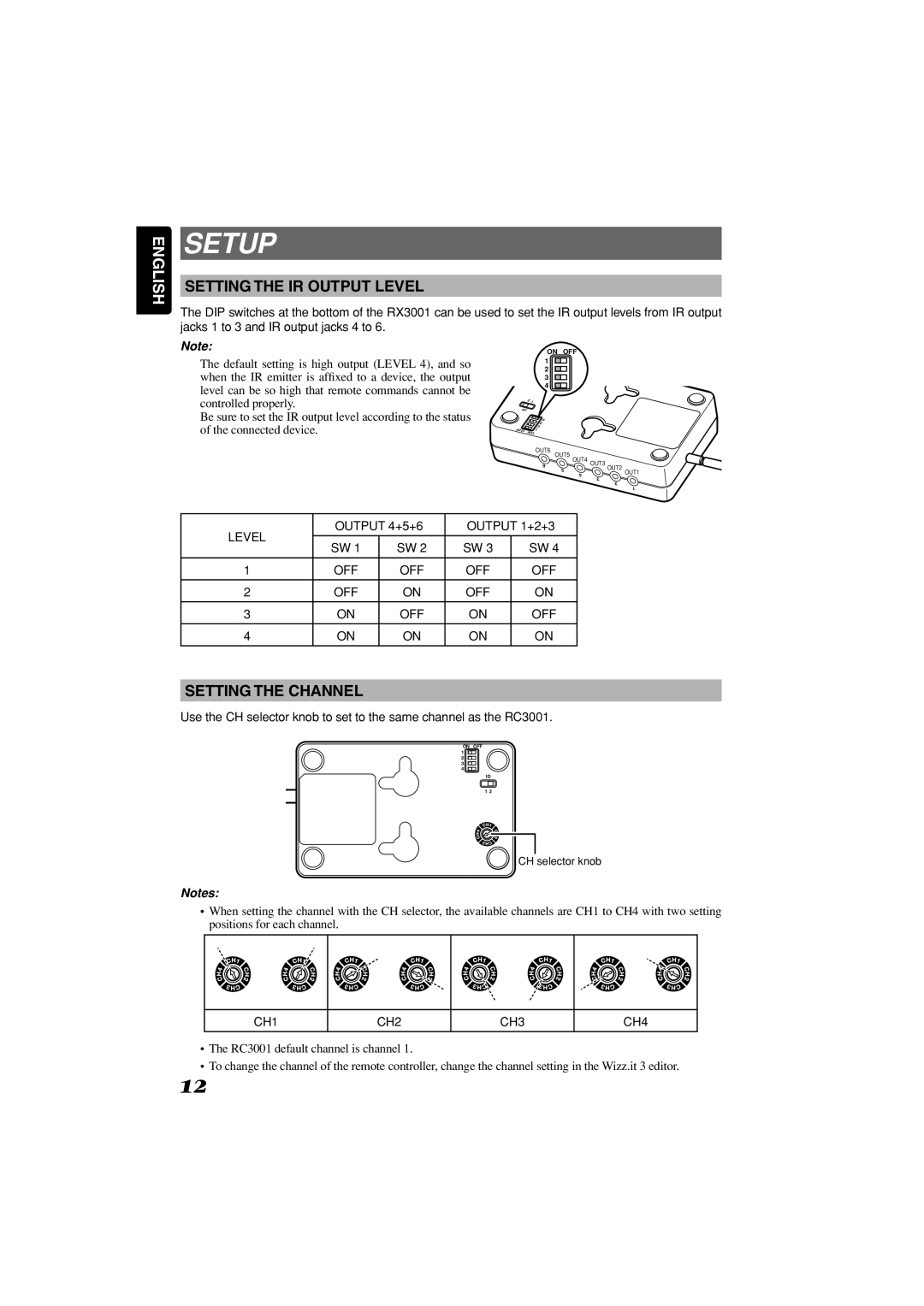 Marantz RC3001 manual Setup, Setting the IR Output Level, Setting the Channel, Output 4+5+6 Output 1+2+3 