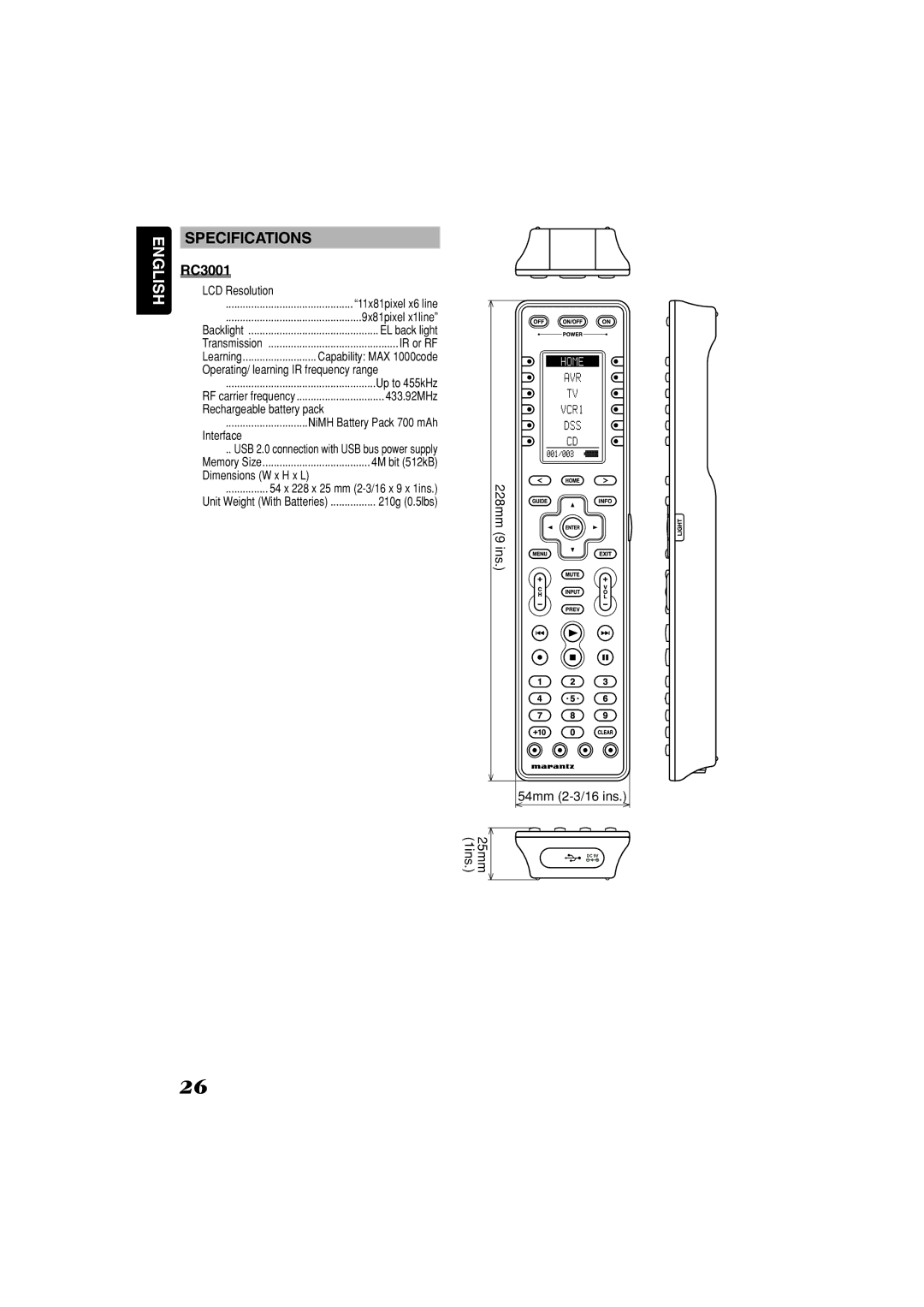 Marantz RC3001 manual Specifications 