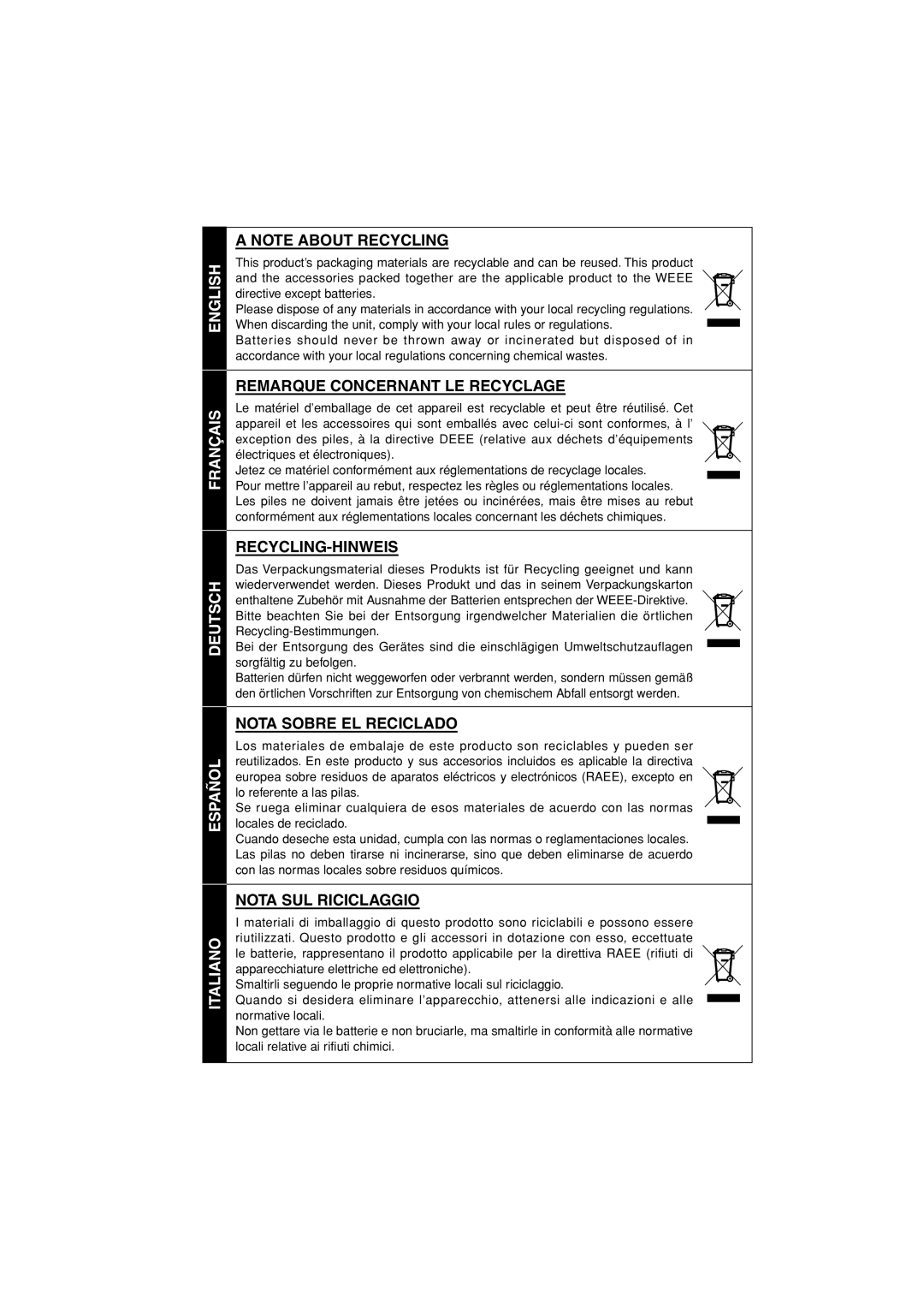 Marantz RC3001 manual Remarque Concernant LE Recyclage, Recycling-Hinweis, Nota Sobre EL Reciclado, Nota SUL Riciclaggio 