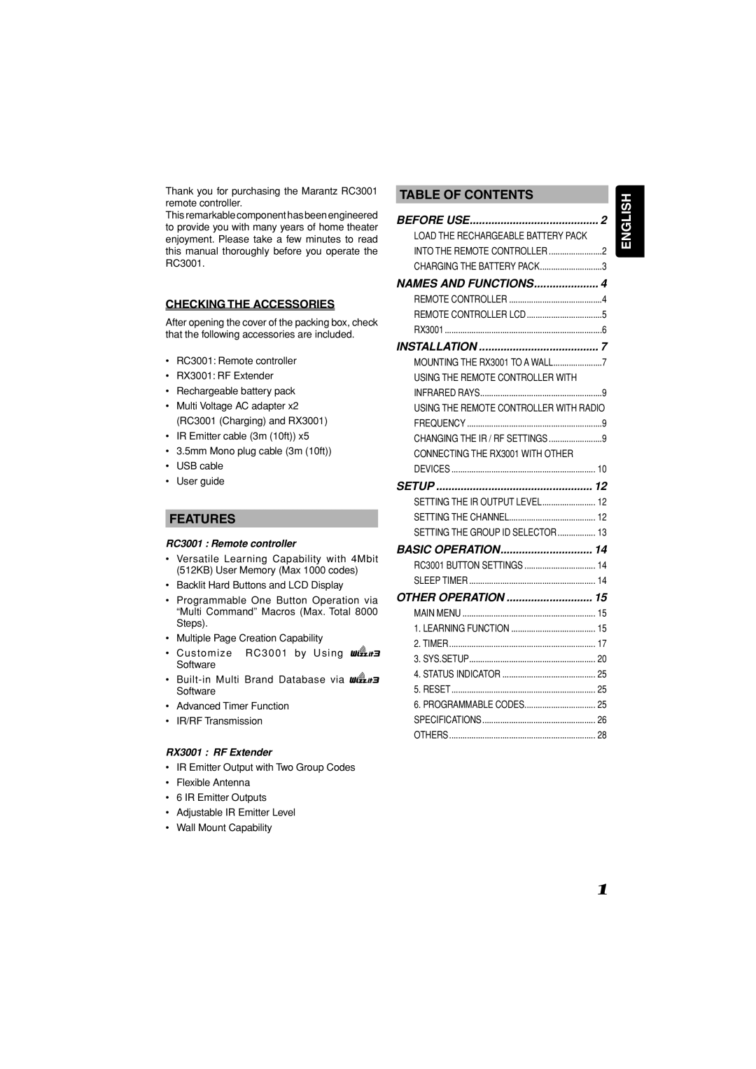 Marantz RC3001 manual Table of Contents, Features 