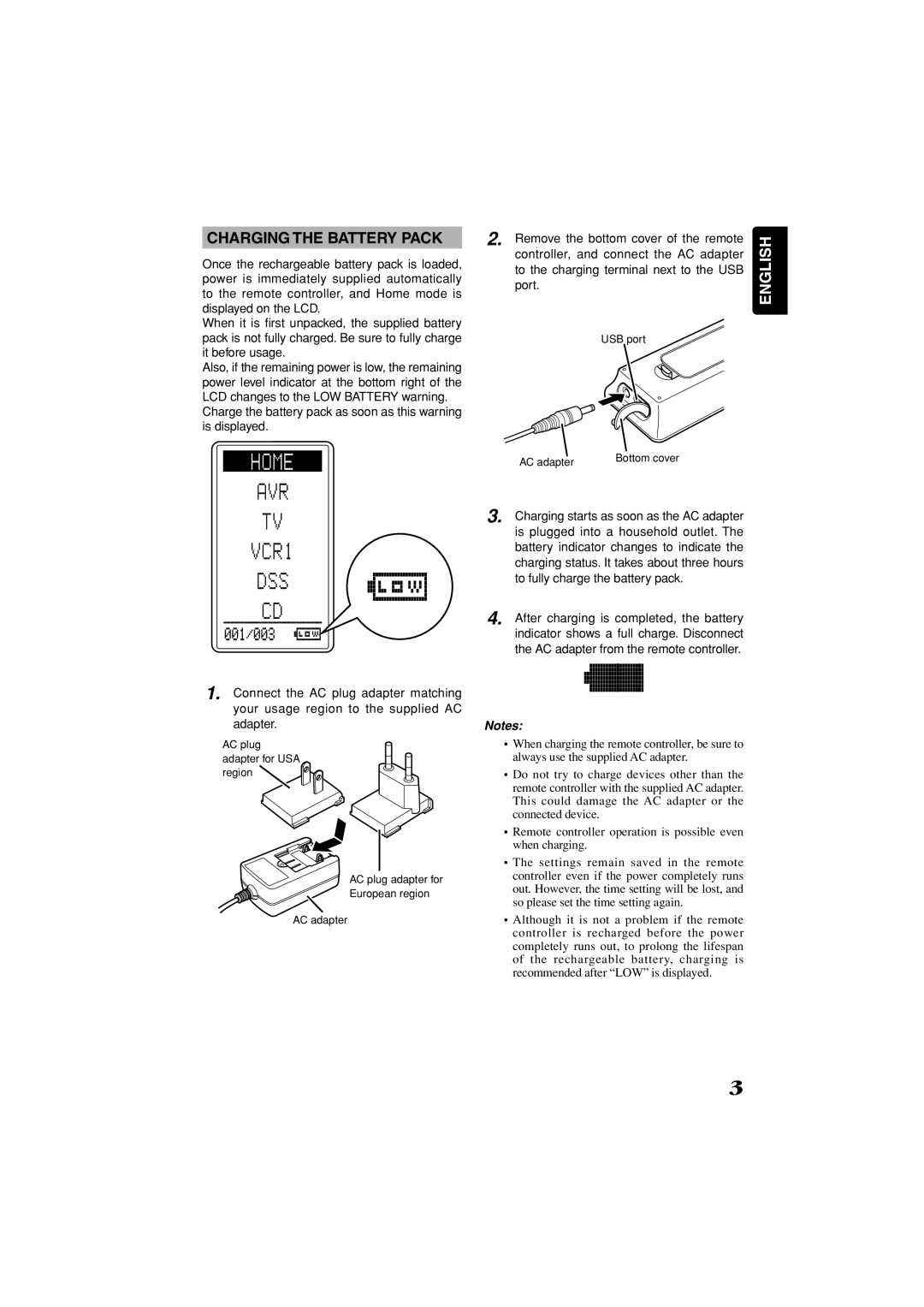 Marantz RC3001 Charging the Battery Pack, Remove the bottom cover of the remote, Controller, and connect the AC adapter 