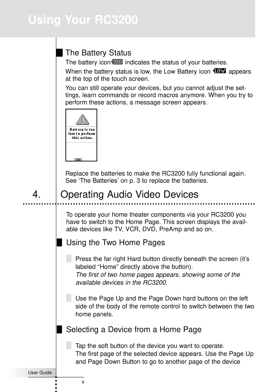 Marantz RC3200 Operating Audio Video Devices, Battery Status, Using the Two Home Pages, Selecting a Device from a Home 