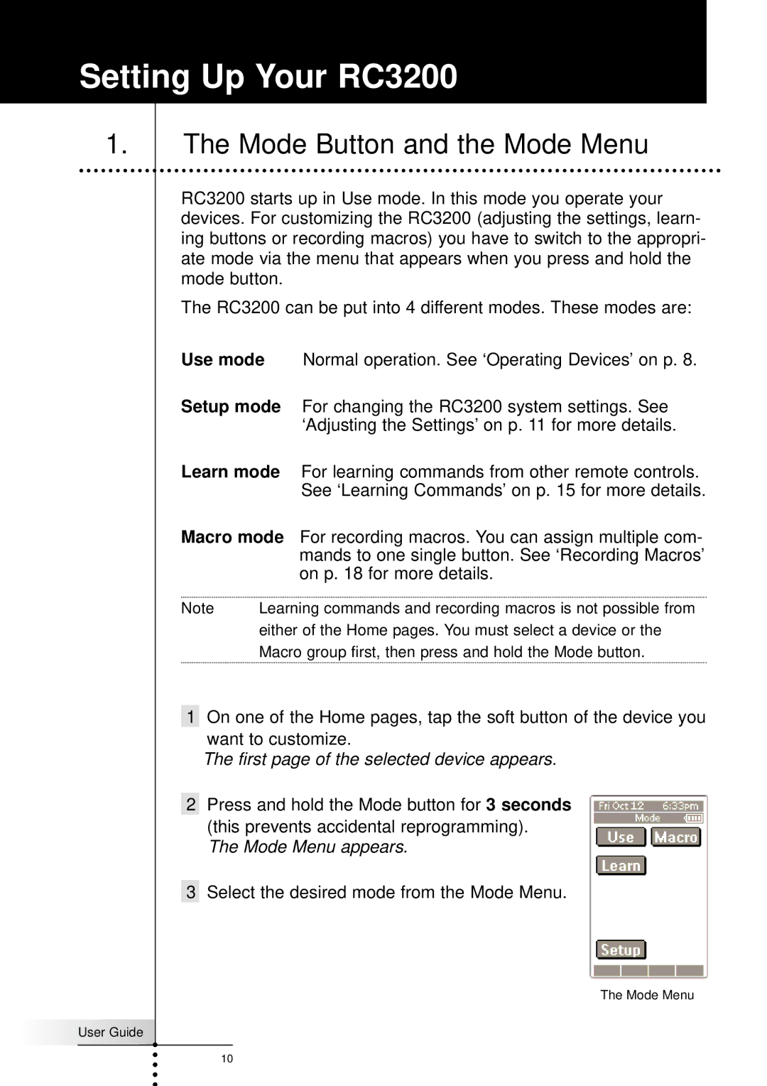 Marantz manual Setting Up Your RC3200, Mode Button and the Mode Menu 