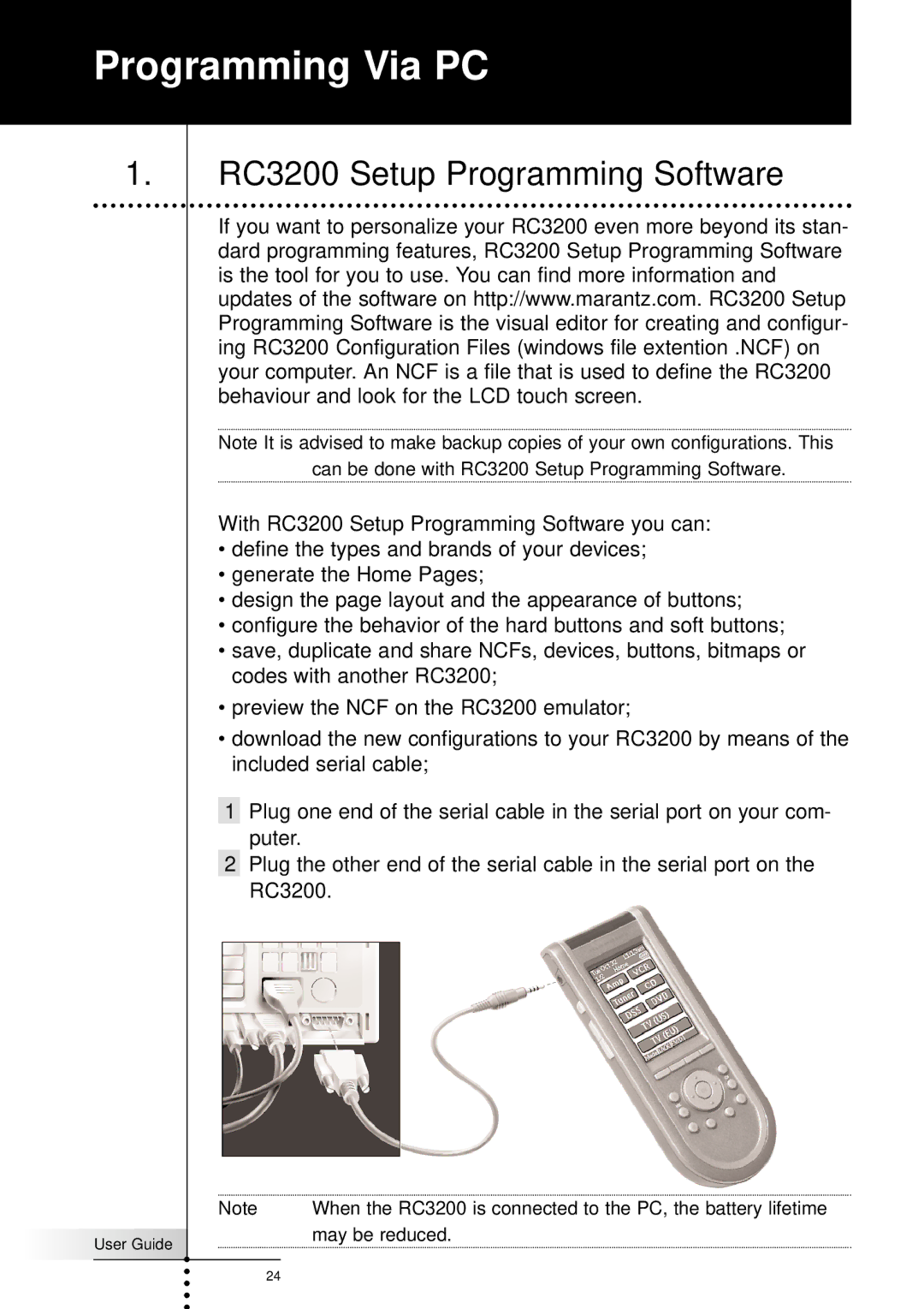 Marantz manual Programming Via PC, RC3200 Setup Programming Software 