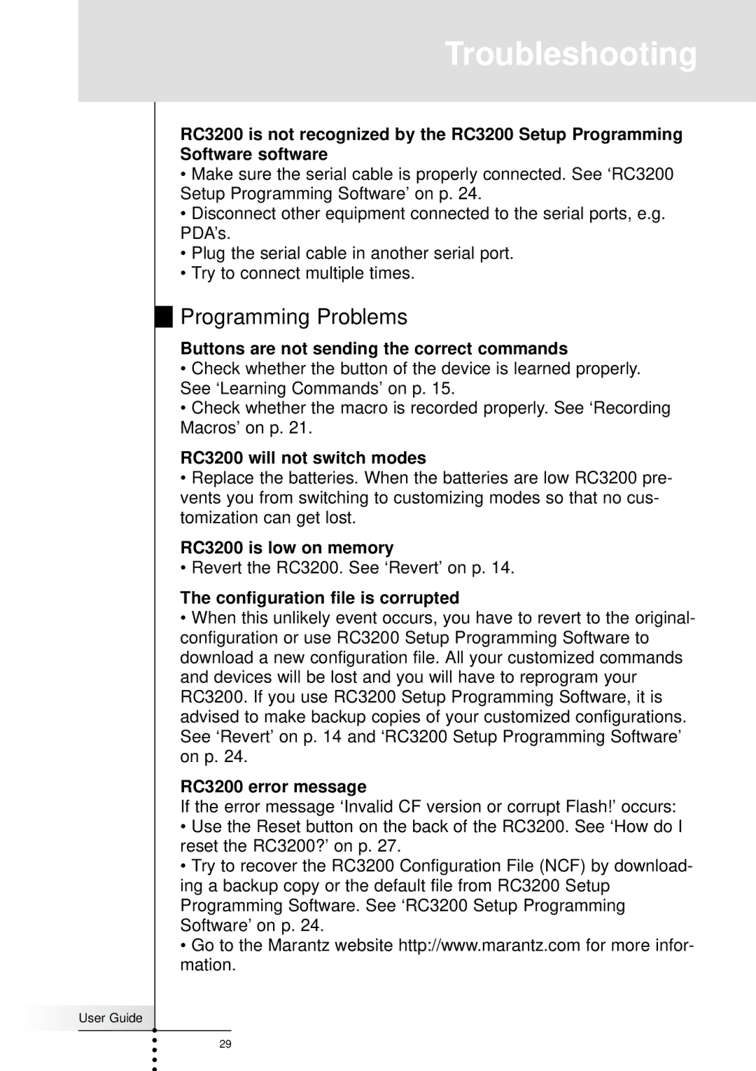 Marantz RC3200 manual Programming Problems 