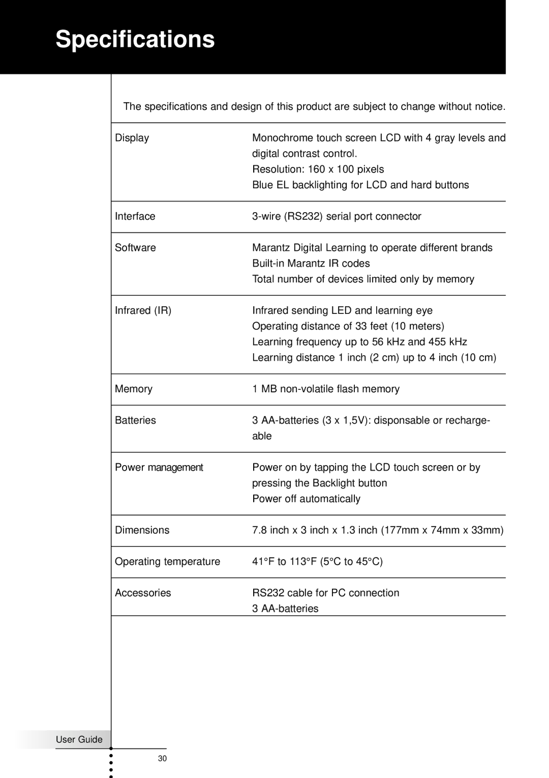 Marantz RC3200 manual Specifications 