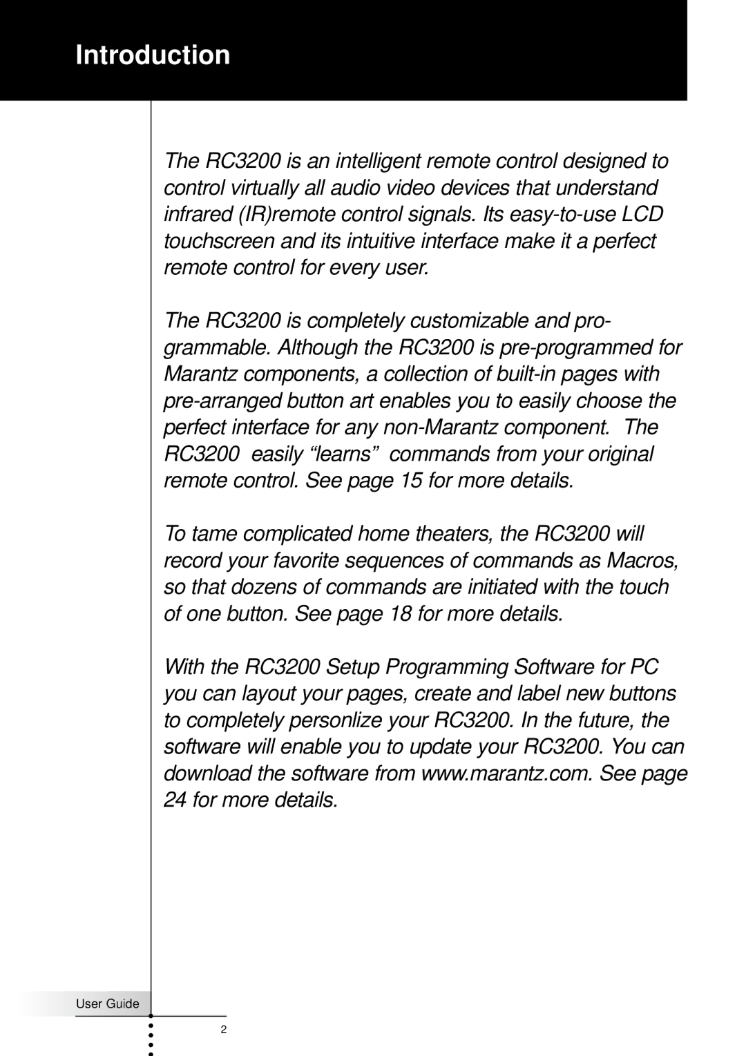 Marantz RC3200 manual Introduction 