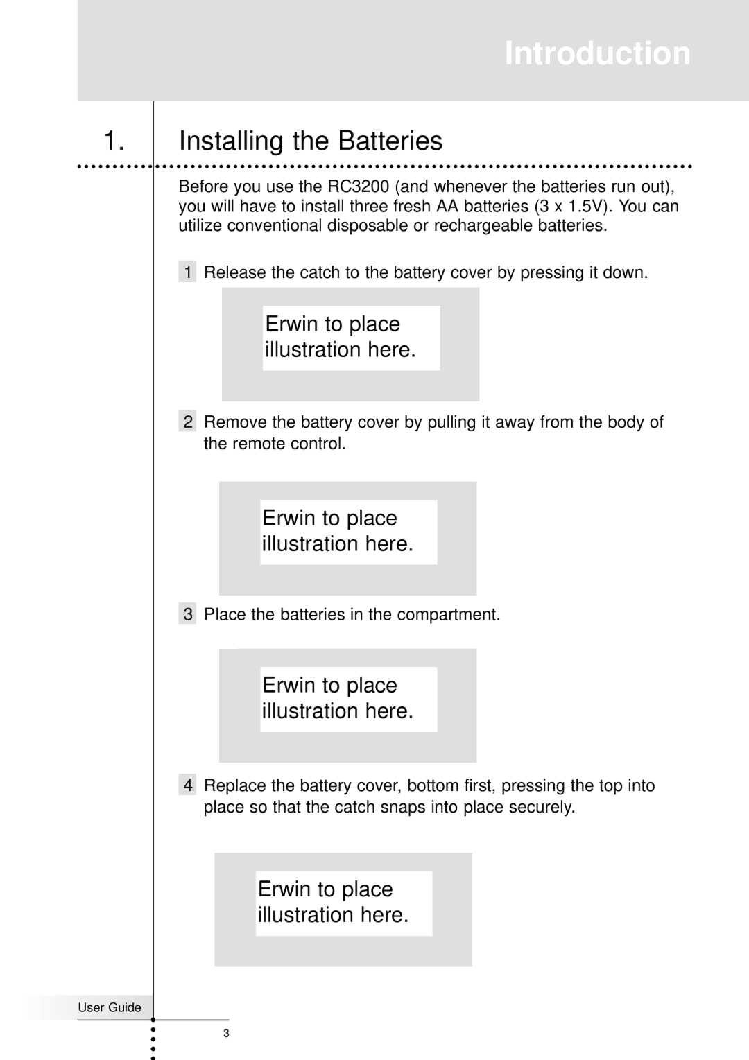 Marantz RC3200 manual Introduction, Installing the Batteries, Erwin to place illustration here 