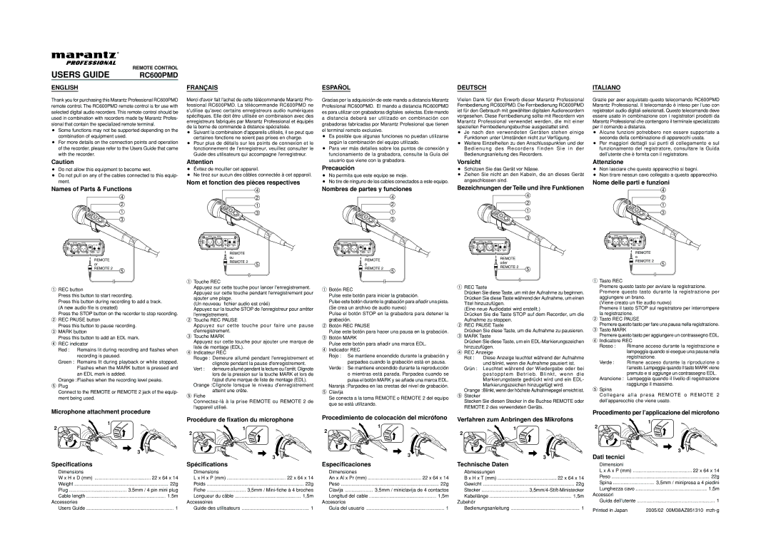 Marantz RC600PMD specifications English, Français, Español, Deutsch, Italiano 