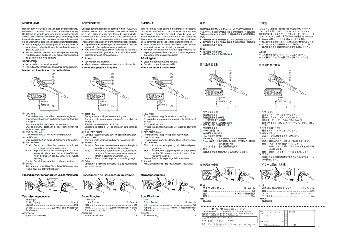 Marantz RC600PMD specifications Nederland Portuguese Svenska 