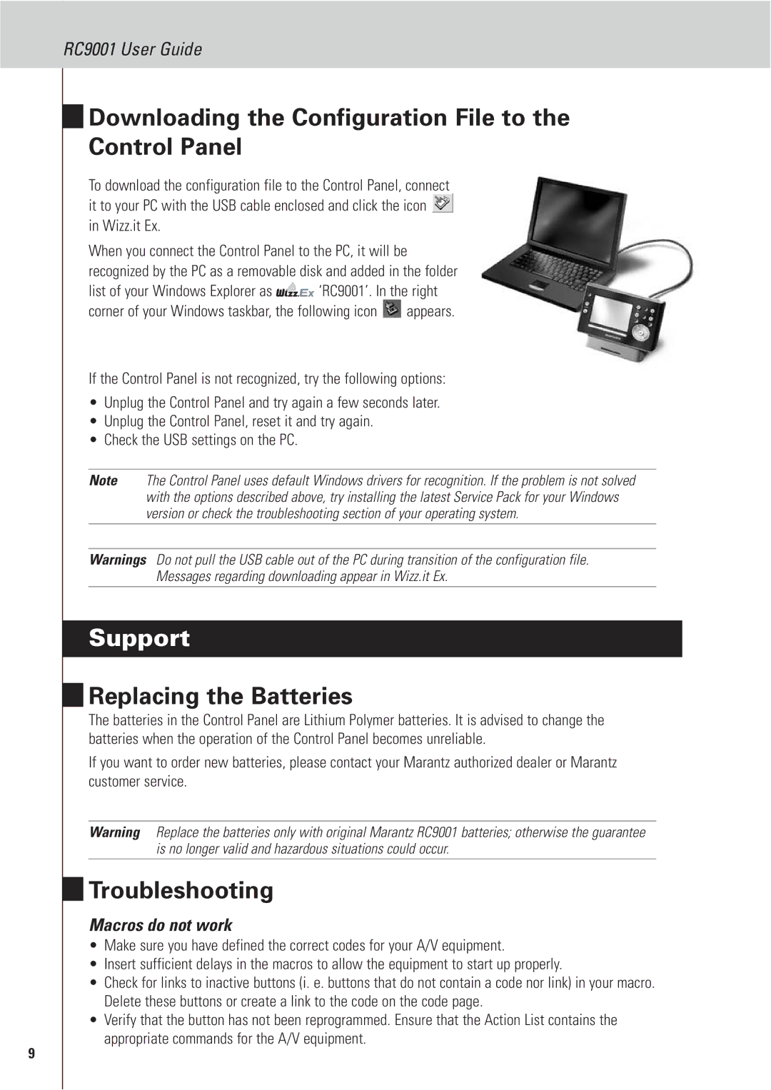 Marantz RC9001 Downloading the Configuration File to the Control Panel, Support, Replacing the Batteries, Troubleshooting 