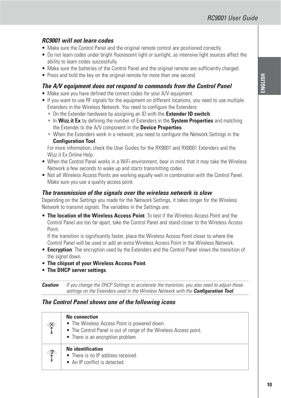 Marantz manual RC9001 will not learn codes, Control Panel shows one of the following icons 