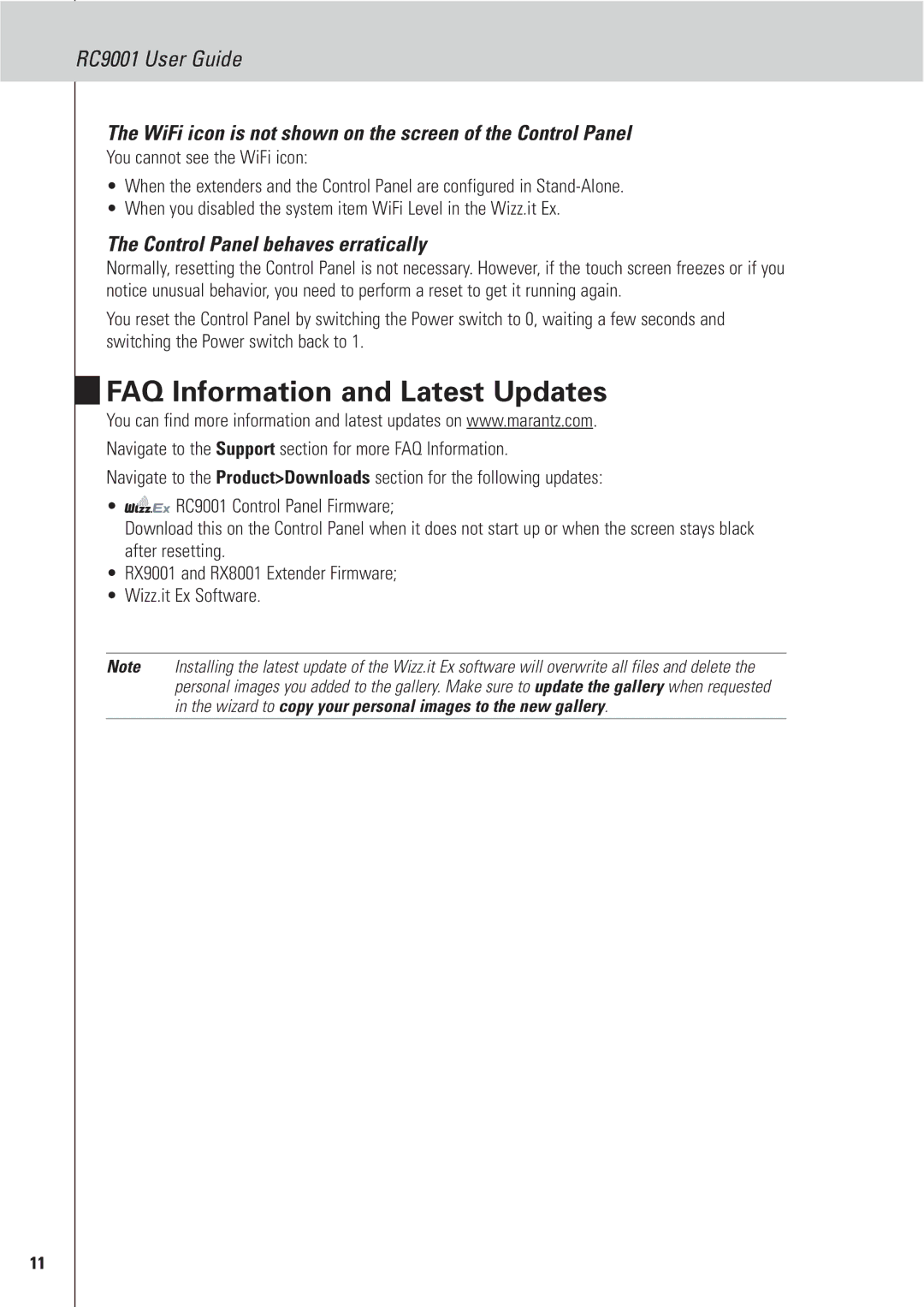 Marantz RC9001 manual FAQ Information and Latest Updates, WiFi icon is not shown on the screen of the Control Panel 