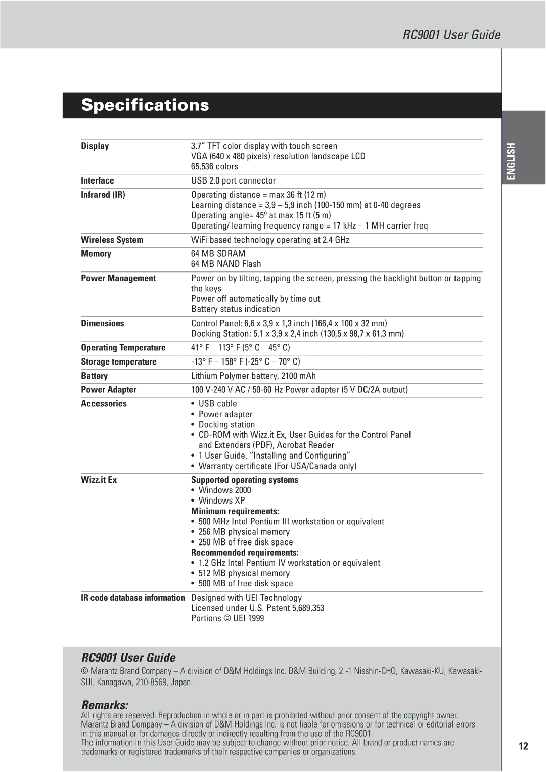 Marantz manual Specifications, RC9001 User Guide, Remarks 