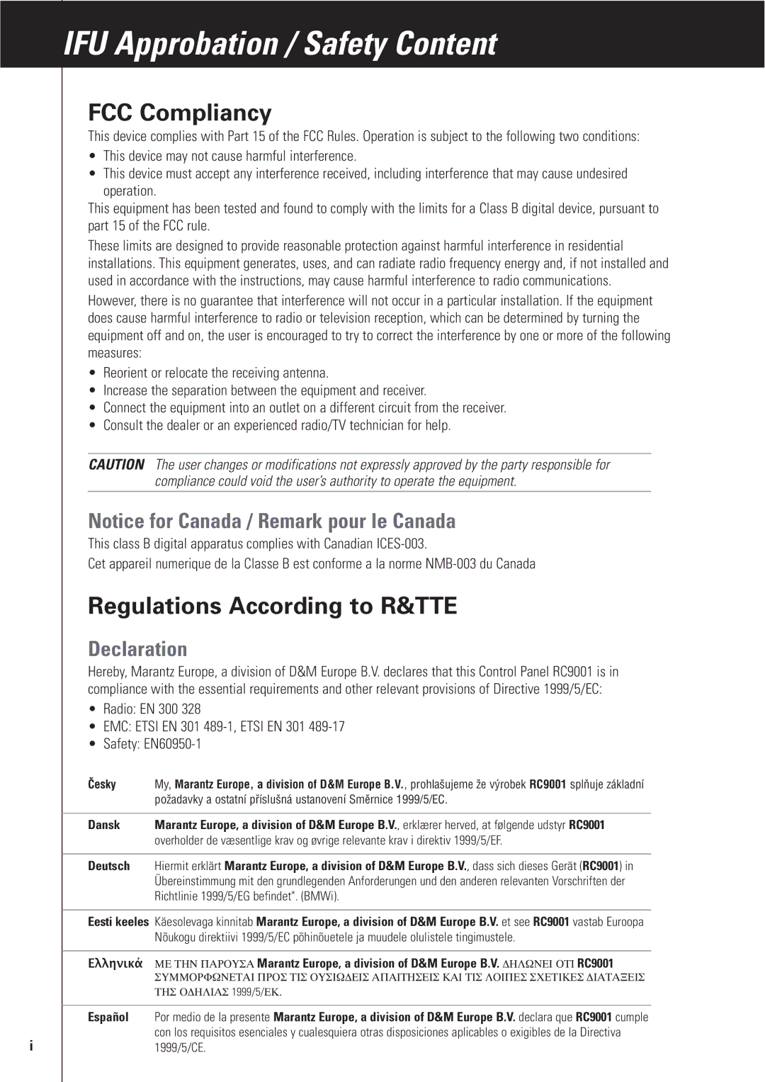 Marantz RC9001 manual FCC Compliancy, Regulations According to R&TTE, Dansk, Deutsch, Español 