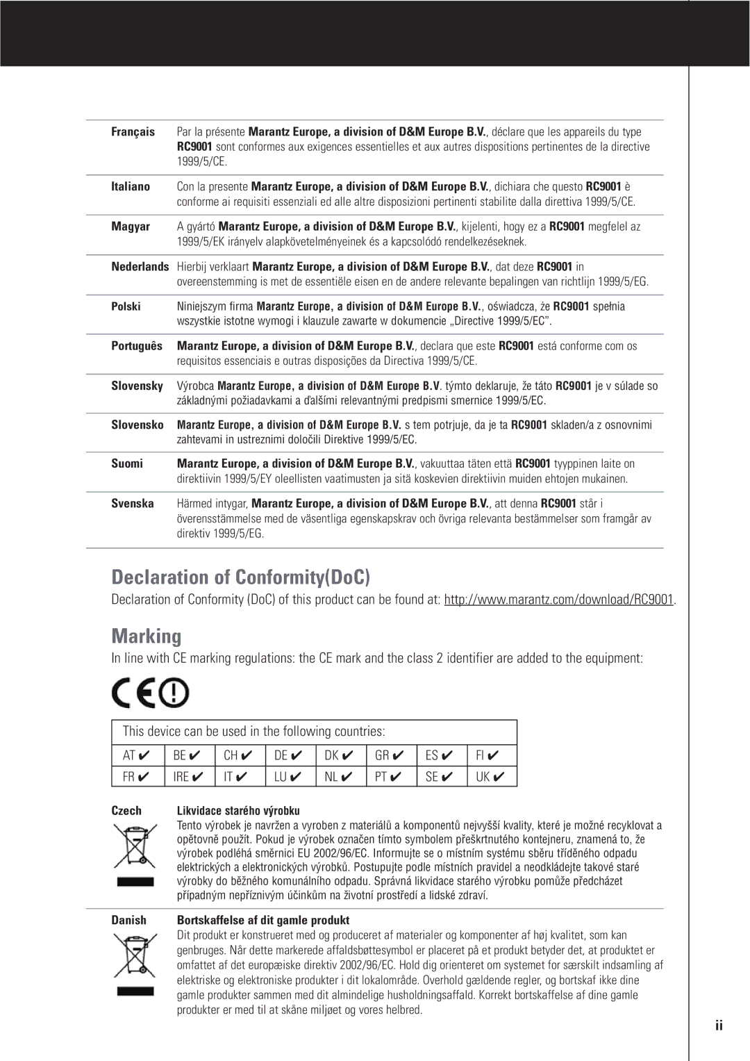 Marantz RC9001 manual Français, Italiano, Magyar, Português, Slovensky, Slovensko, Suomi, Svenska, Czech, Danish 