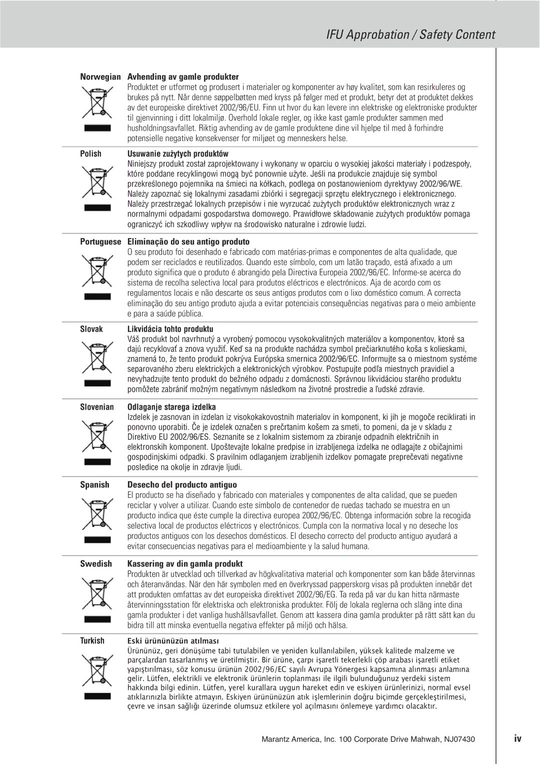 Marantz RC9001 manual Norwegian Avhending av gamle produkter, Eliminação do seu antigo produto 