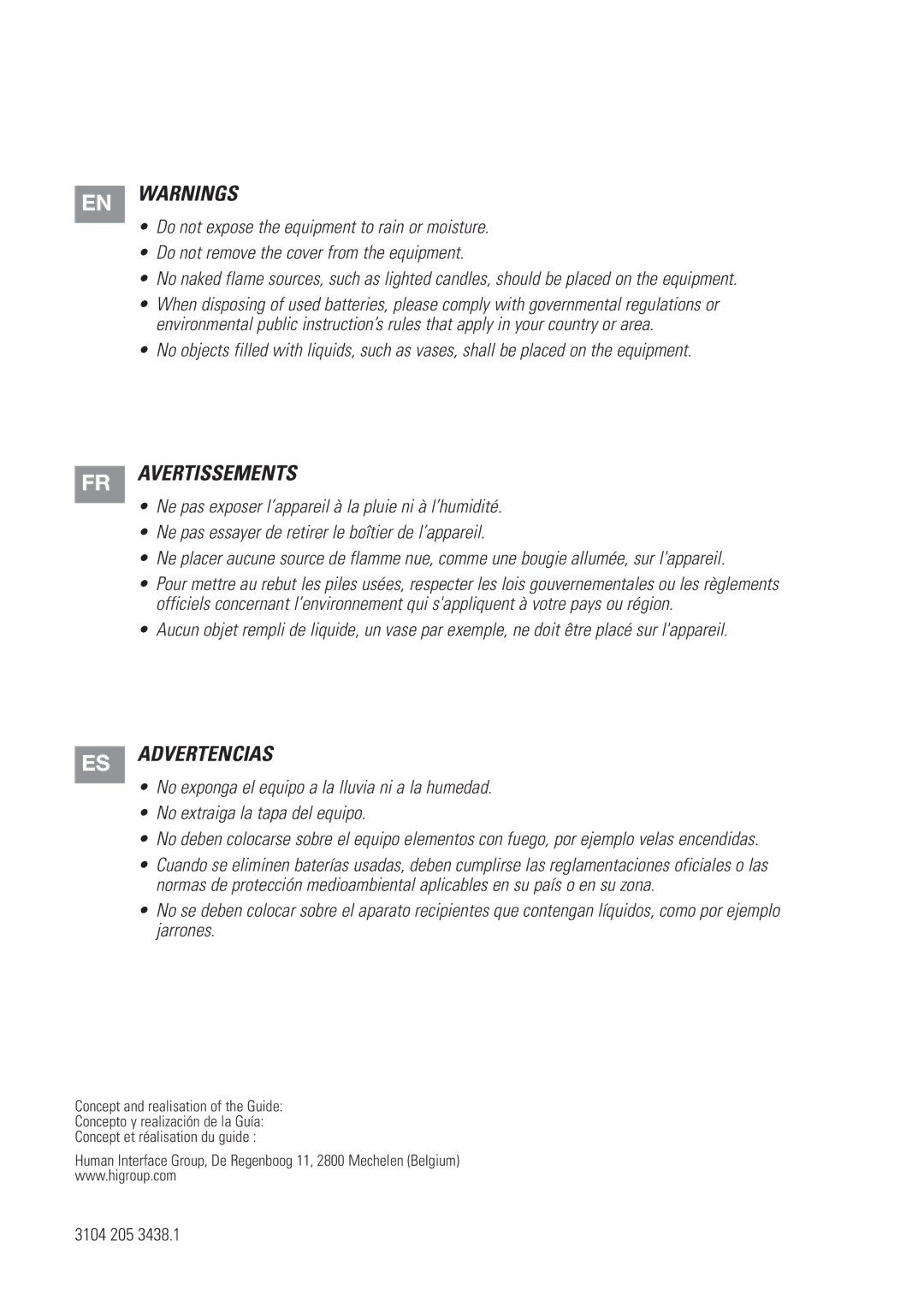 Marantz RC9001 manual EN Warnings 