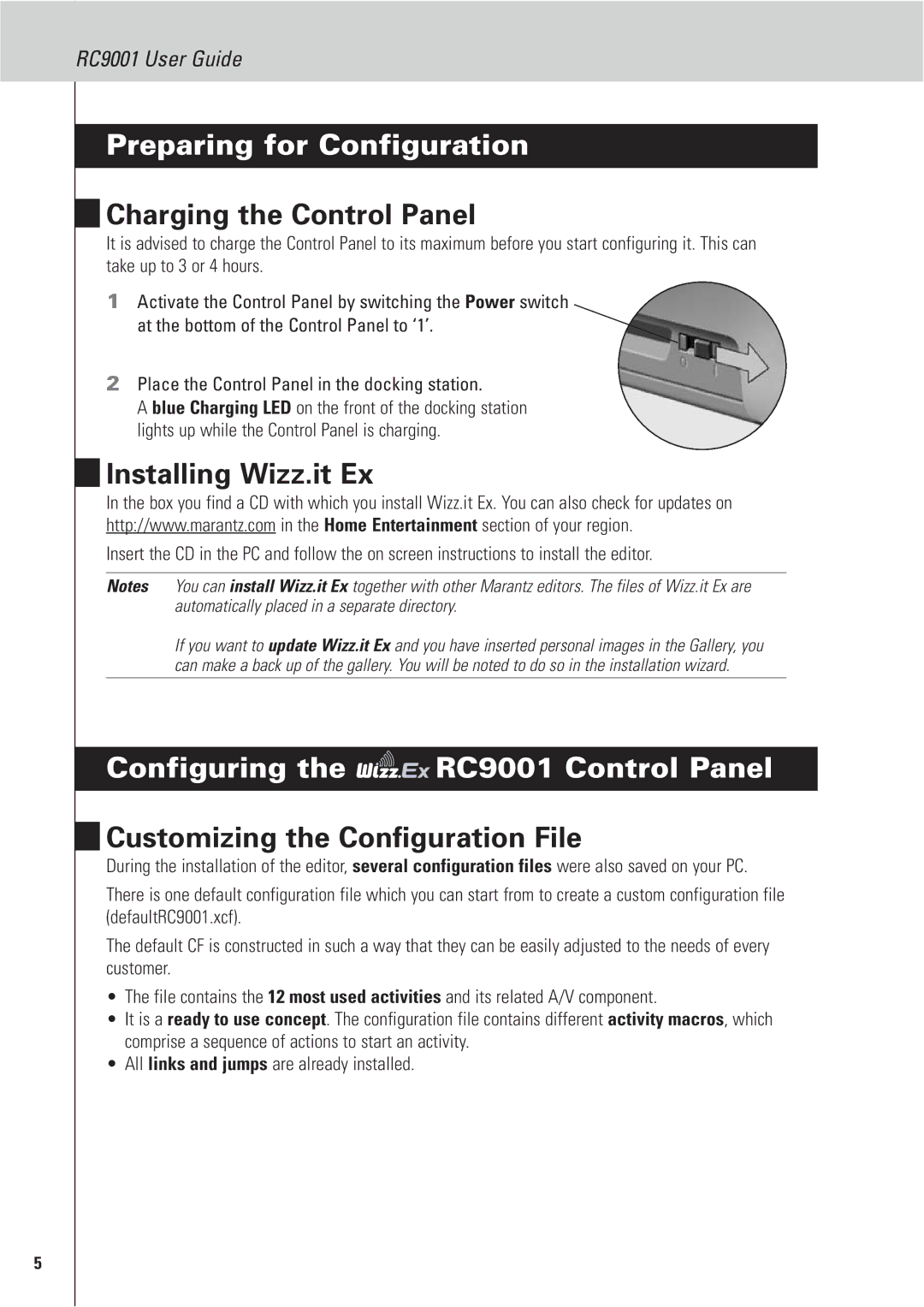 Marantz RC9001 manual Preparing for Configuration, Charging the Control Panel, Installing Wizz.it Ex 