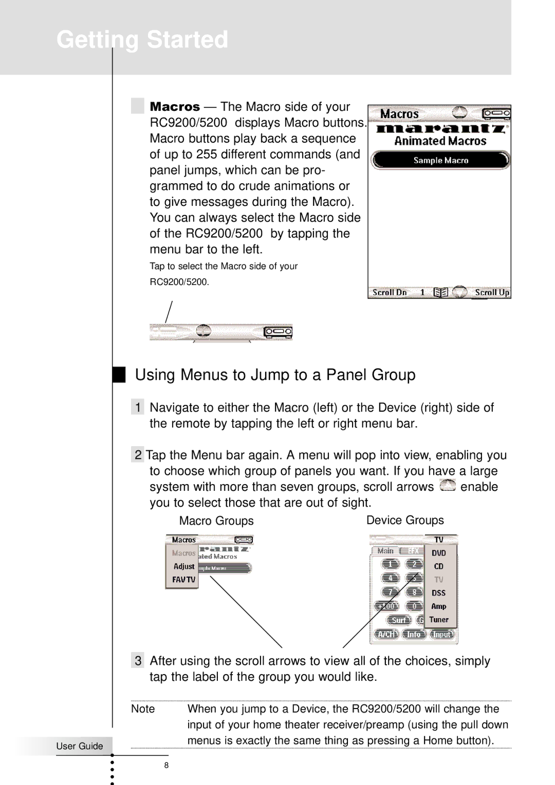 Marantz RC9200, RC5200 manual Using Menus to Jump to a Panel Group 