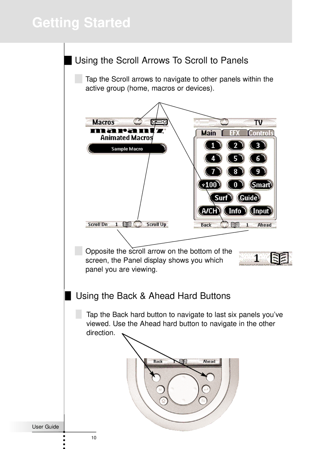 Marantz RC9200, RC5200 manual Using the Scroll Arrows To Scroll to Panels, Using the Back & Ahead Hard Buttons 