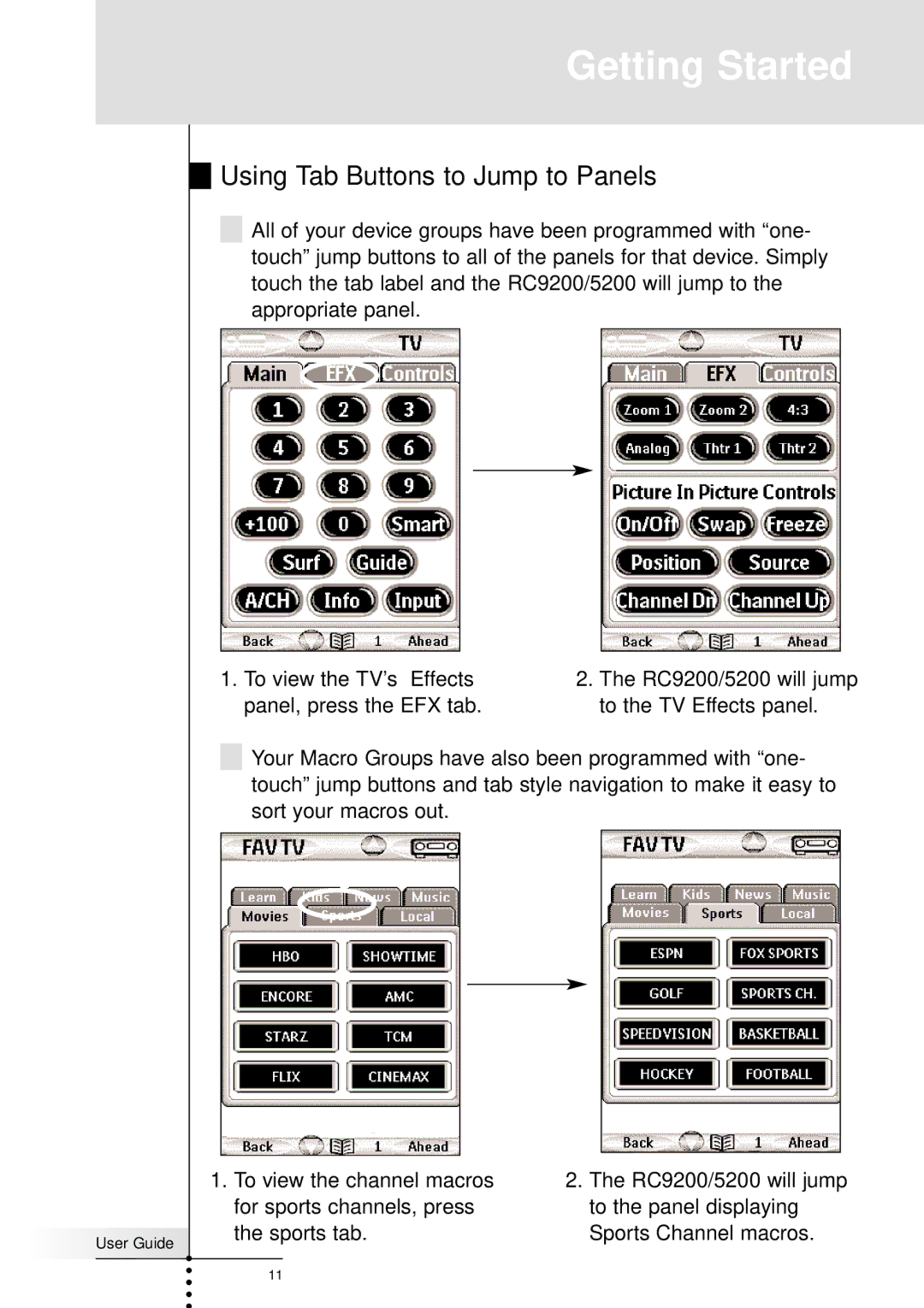 Marantz RC5200, RC9200 manual Using Tab Buttons to Jump to Panels 