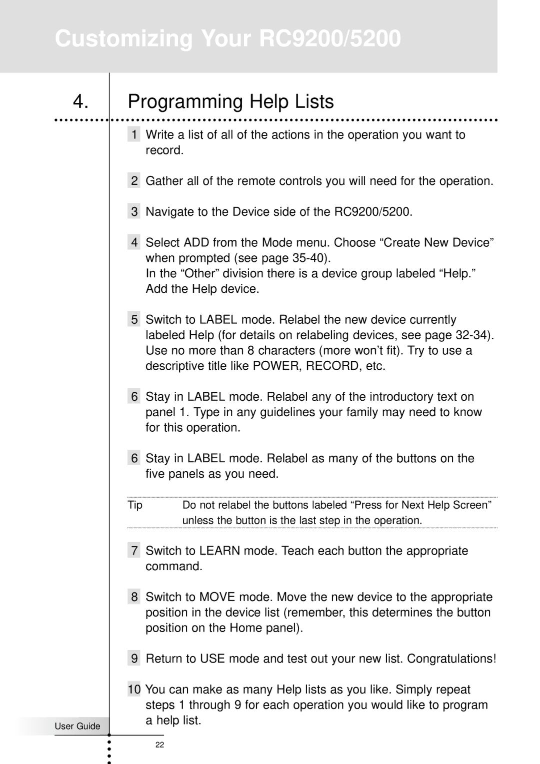 Marantz RC9200, RC5200 manual Programming Help Lists 