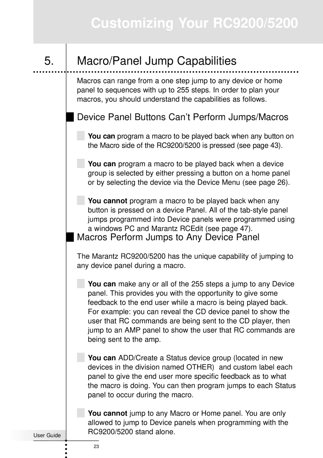 Marantz RC5200, RC9200 manual Macro/Panel Jump Capabilities, Device Panel Buttons Can’t Perform Jumps/Macros 