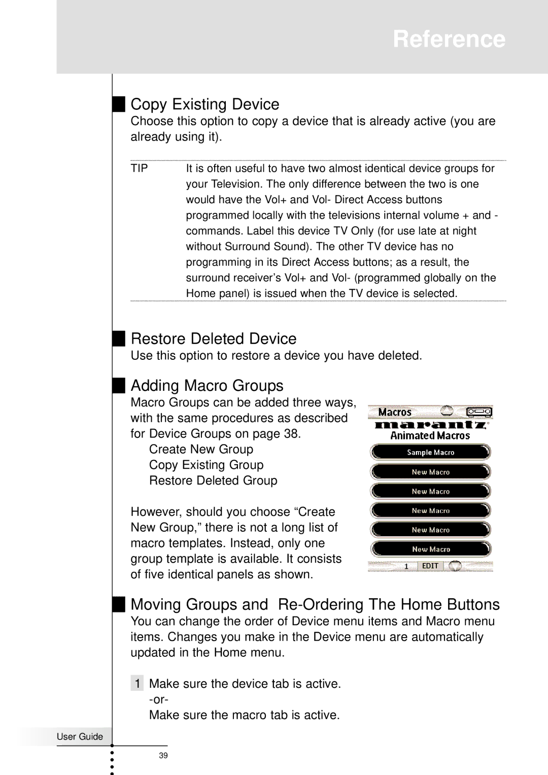 Marantz RC5200, RC9200 manual Copy Existing Device, Restore Deleted Device, Adding Macro Groups 