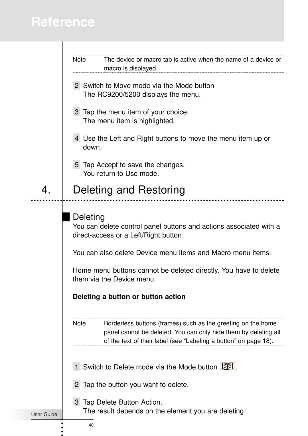 Marantz RC9200, RC5200 manual Deleting and Restoring, Deleting a button or button action 