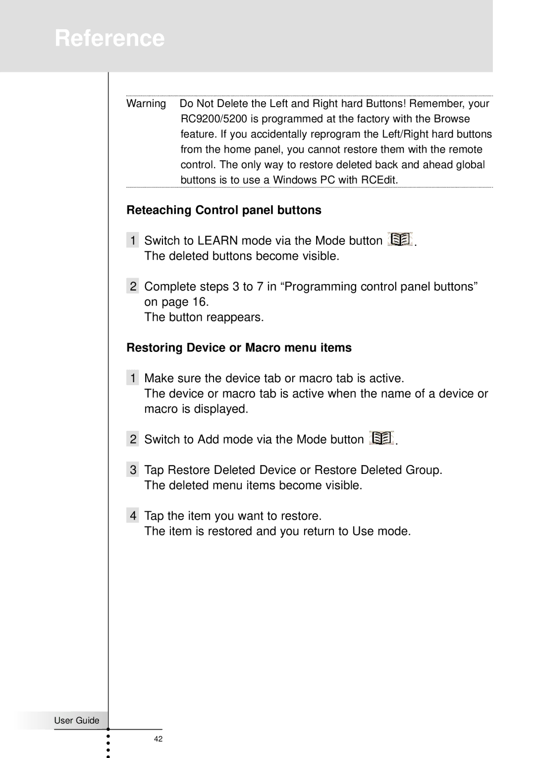 Marantz RC9200, RC5200 manual Reteaching Control panel buttons, Restoring Device or Macro menu items 