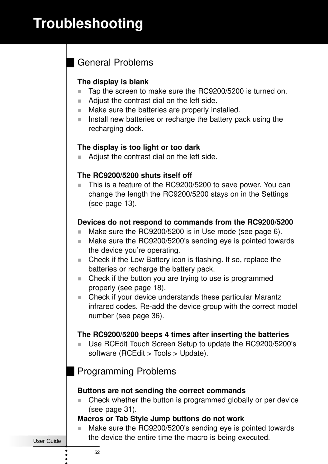 Marantz RC9200, RC5200 manual Troubleshooting, General Problems, Programming Problems 