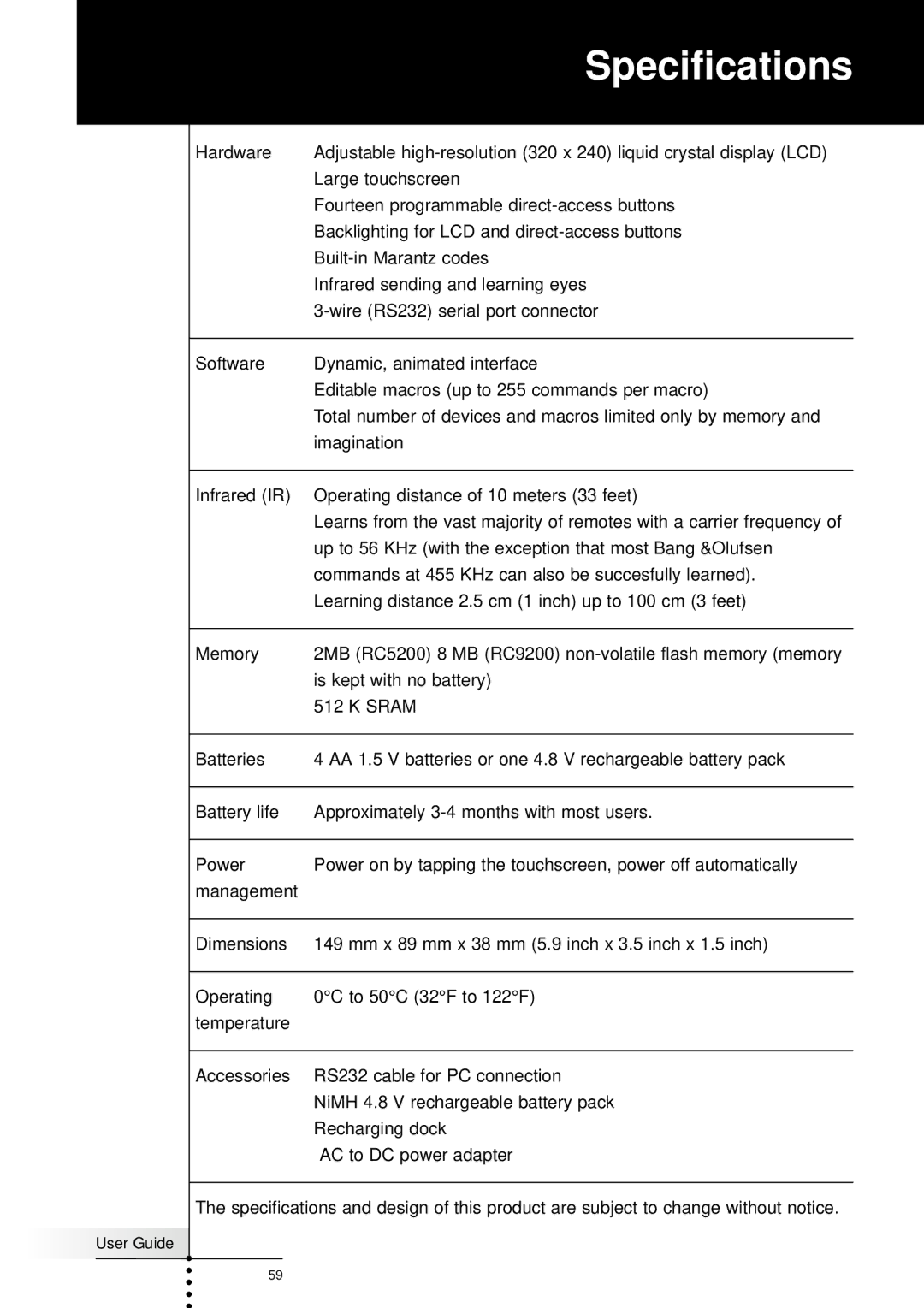 Marantz RC5200, RC9200 manual Specifications 