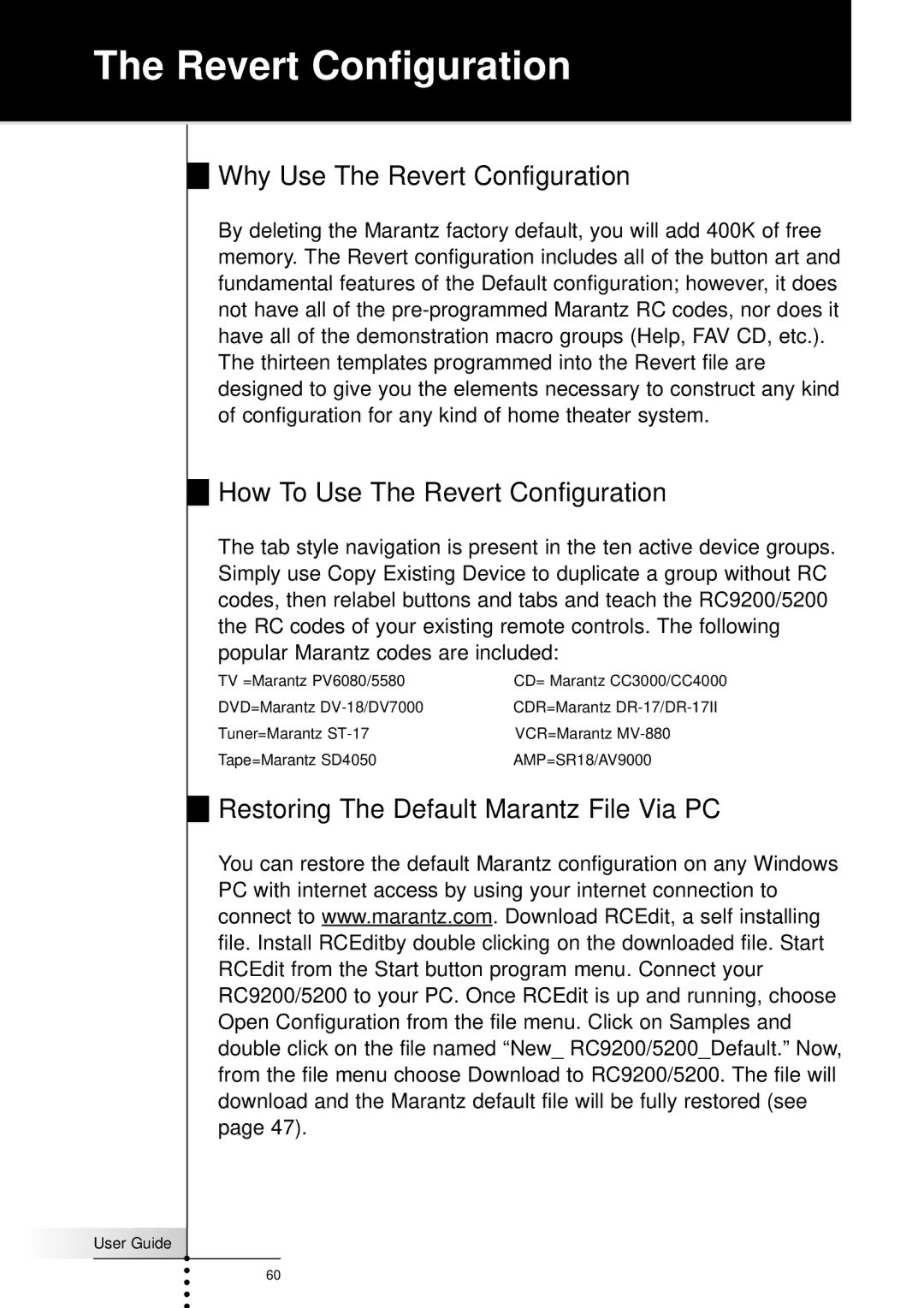 Marantz RC9200, RC5200 manual Why Use The Revert Configuration, How To Use The Revert Configuration 