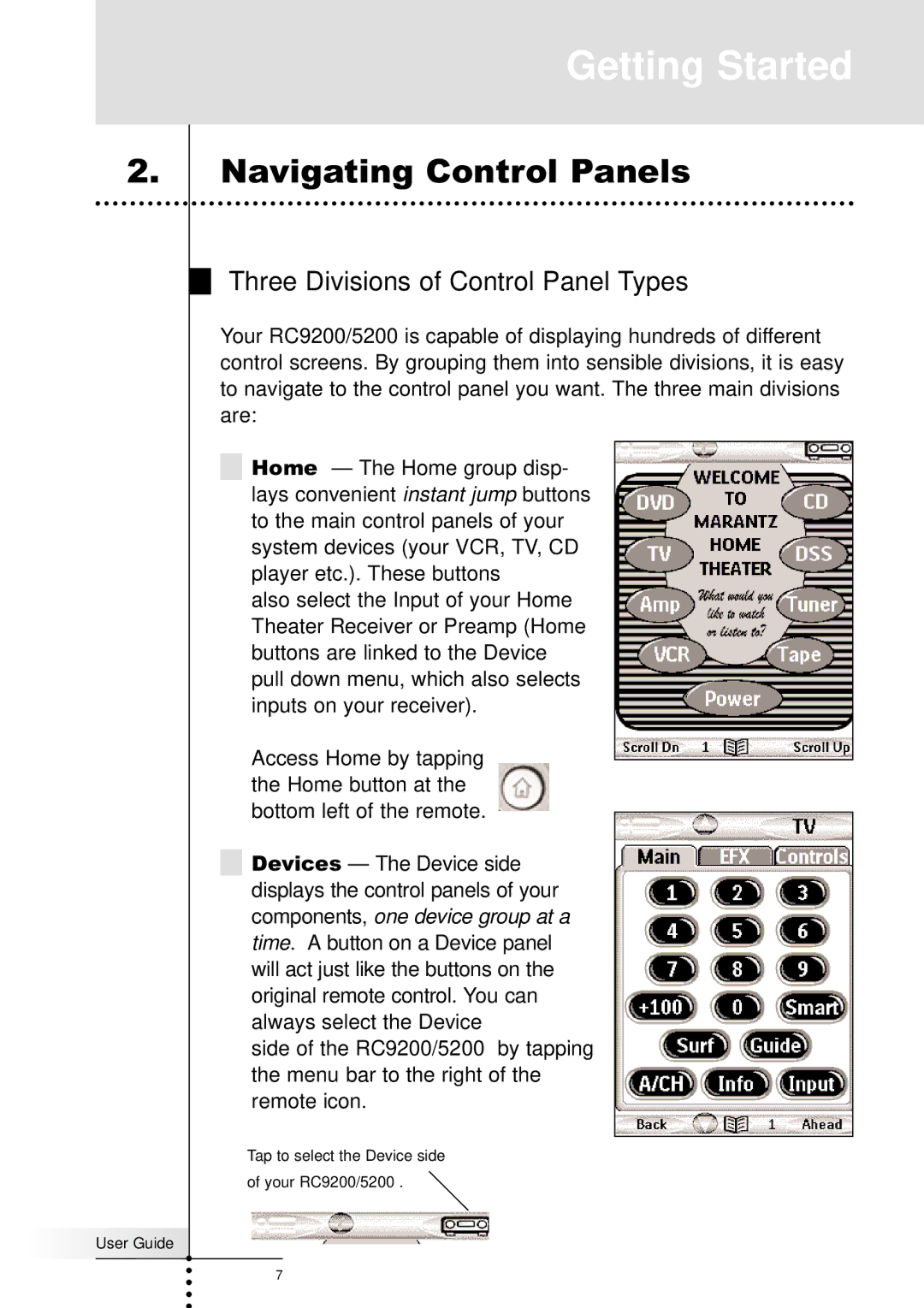 Marantz RC5200, RC9200 manual Navigating Control Panels, Three Divisions of Control Panel Types 