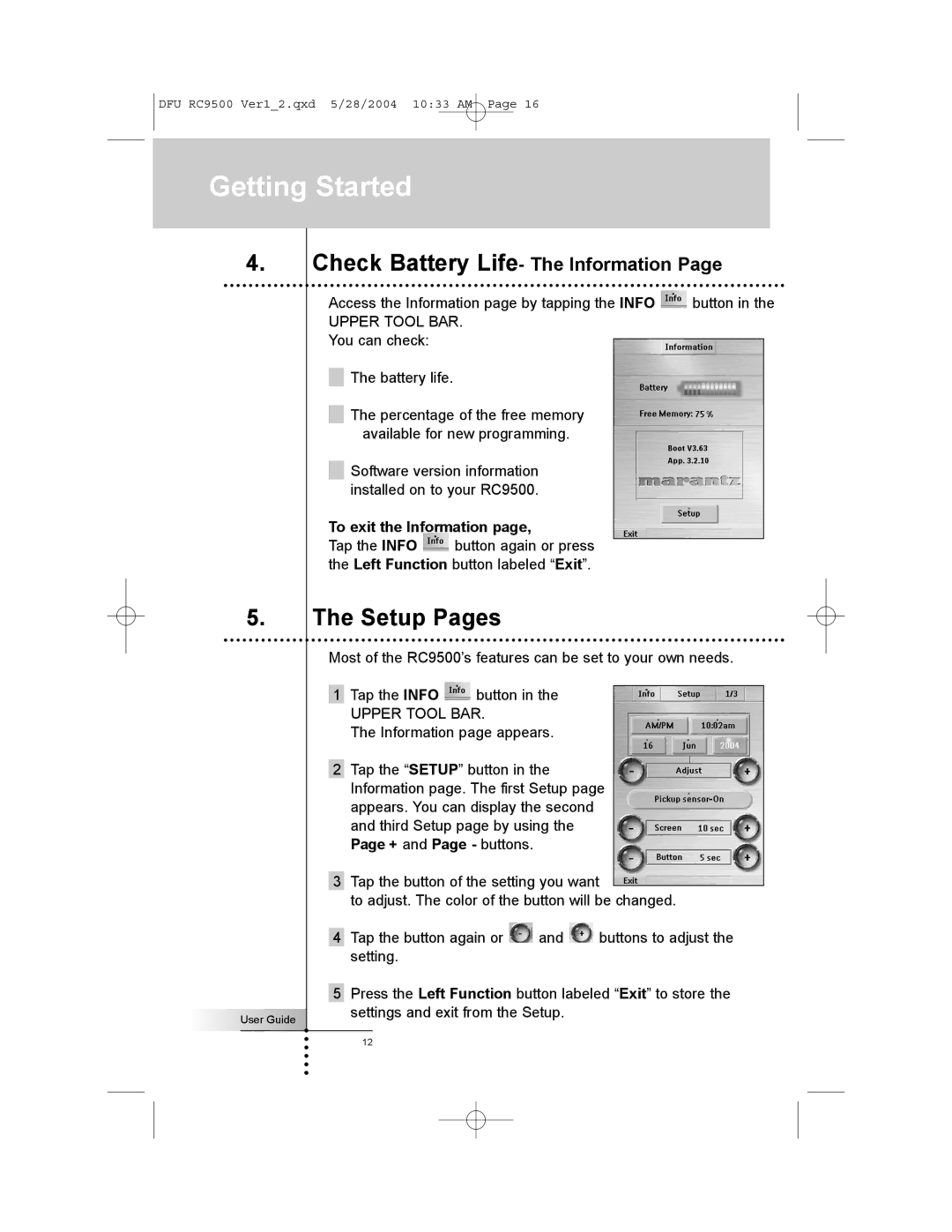 Marantz RC9500 manual Setup Pages, To exit the Information 