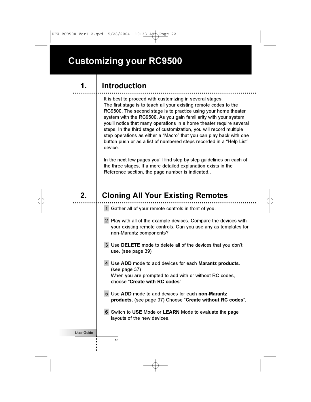 Marantz manual Customizing your RC9500, Introduction, Cloning All Your Existing Remotes 