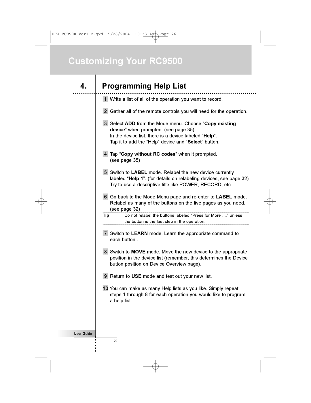 Marantz RC9500 manual Programming Help List, Tap Copy without RC codes when it prompted. see 