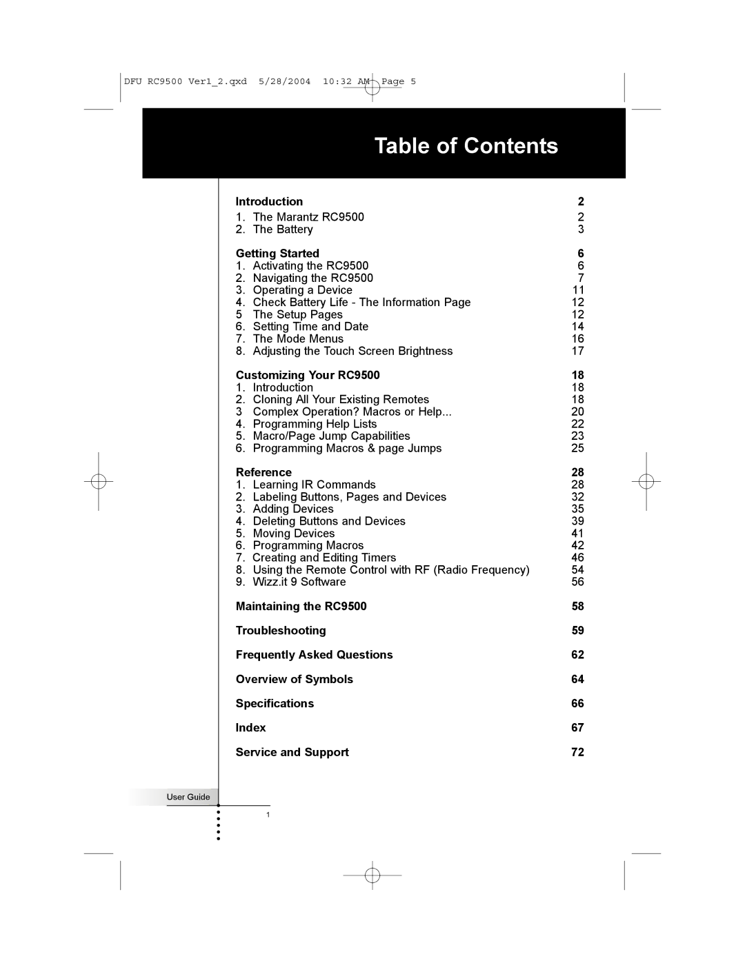 Marantz RC9500 manual Table of Contents 