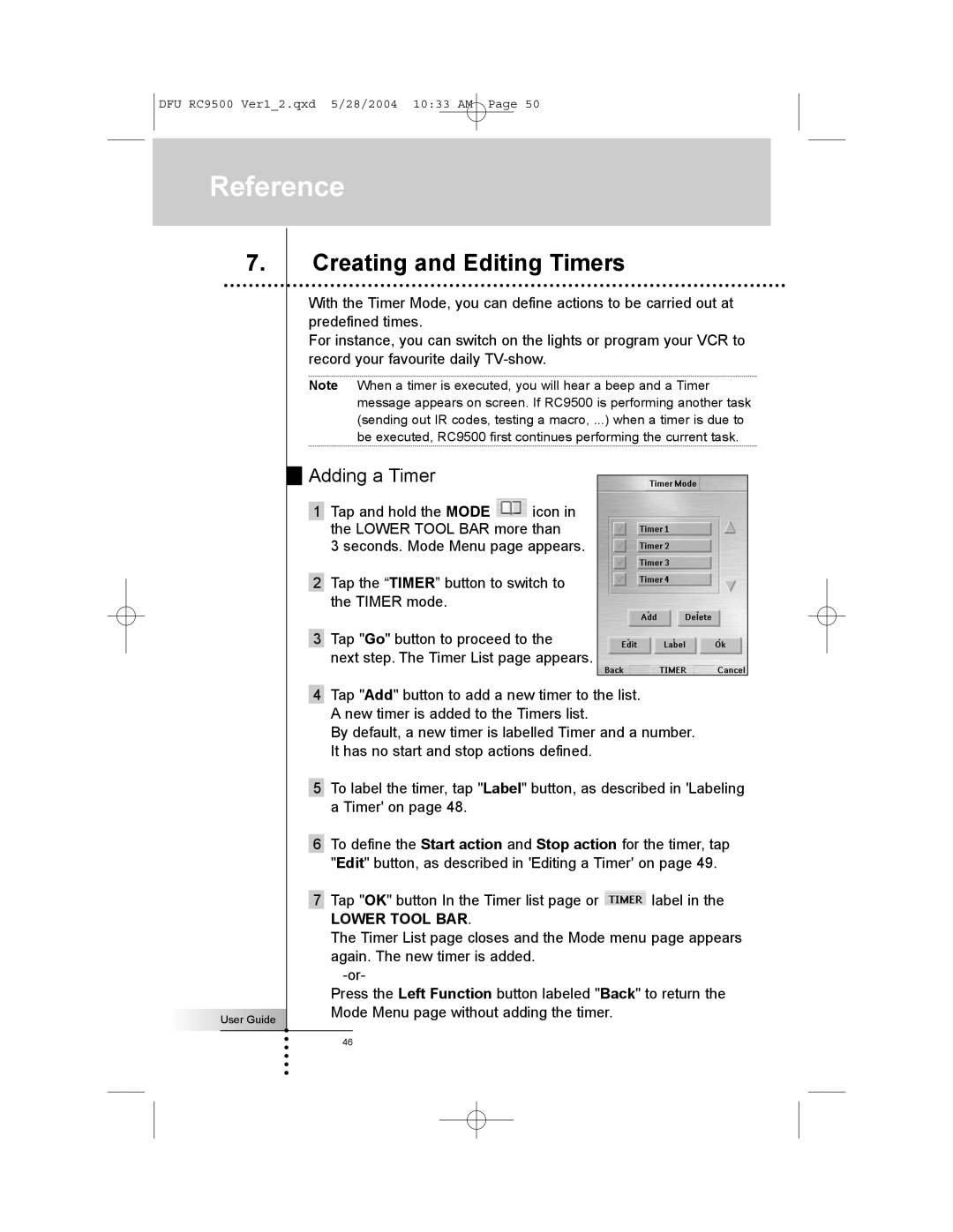 Marantz RC9500 manual Creating and Editing Timers, Adding a Timer 