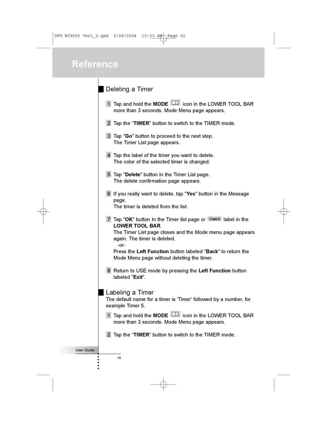 Marantz RC9500 manual Deleting a Timer, Labeling a Timer 