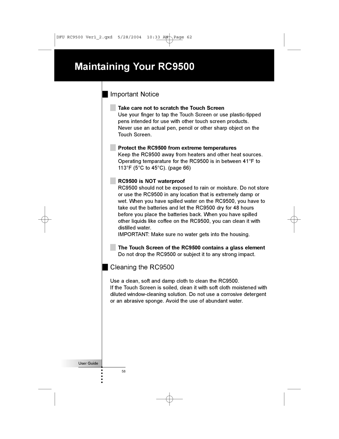 Marantz manual Maintaining Your RC9500, Important Notice, Cleaning the RC9500 