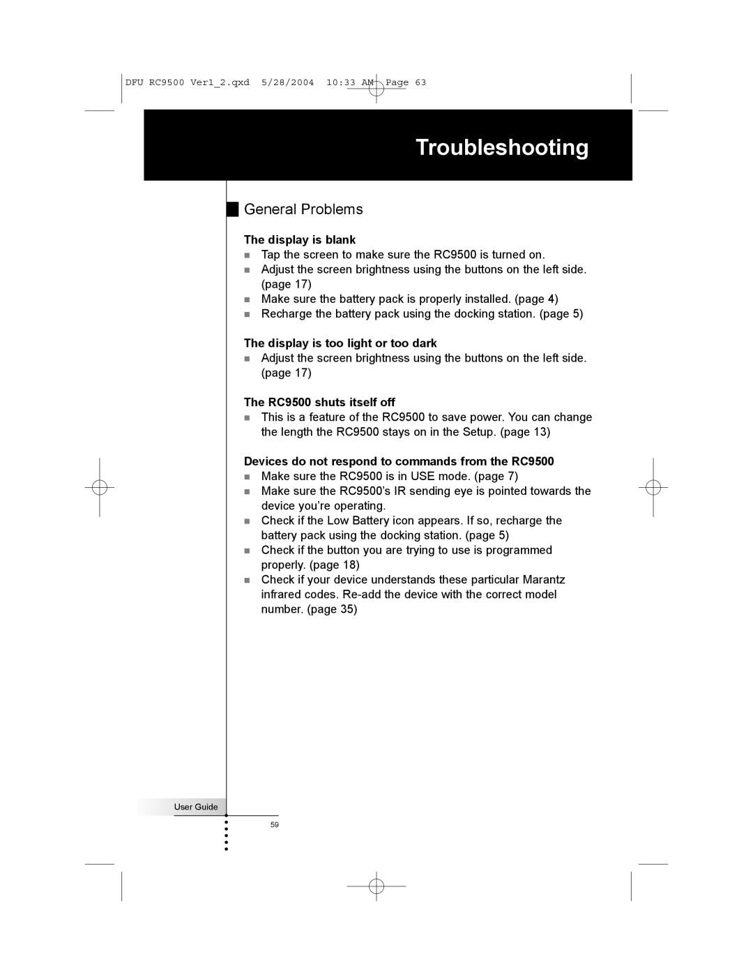 Marantz RC9500 manual Troubleshooting, General Problems 