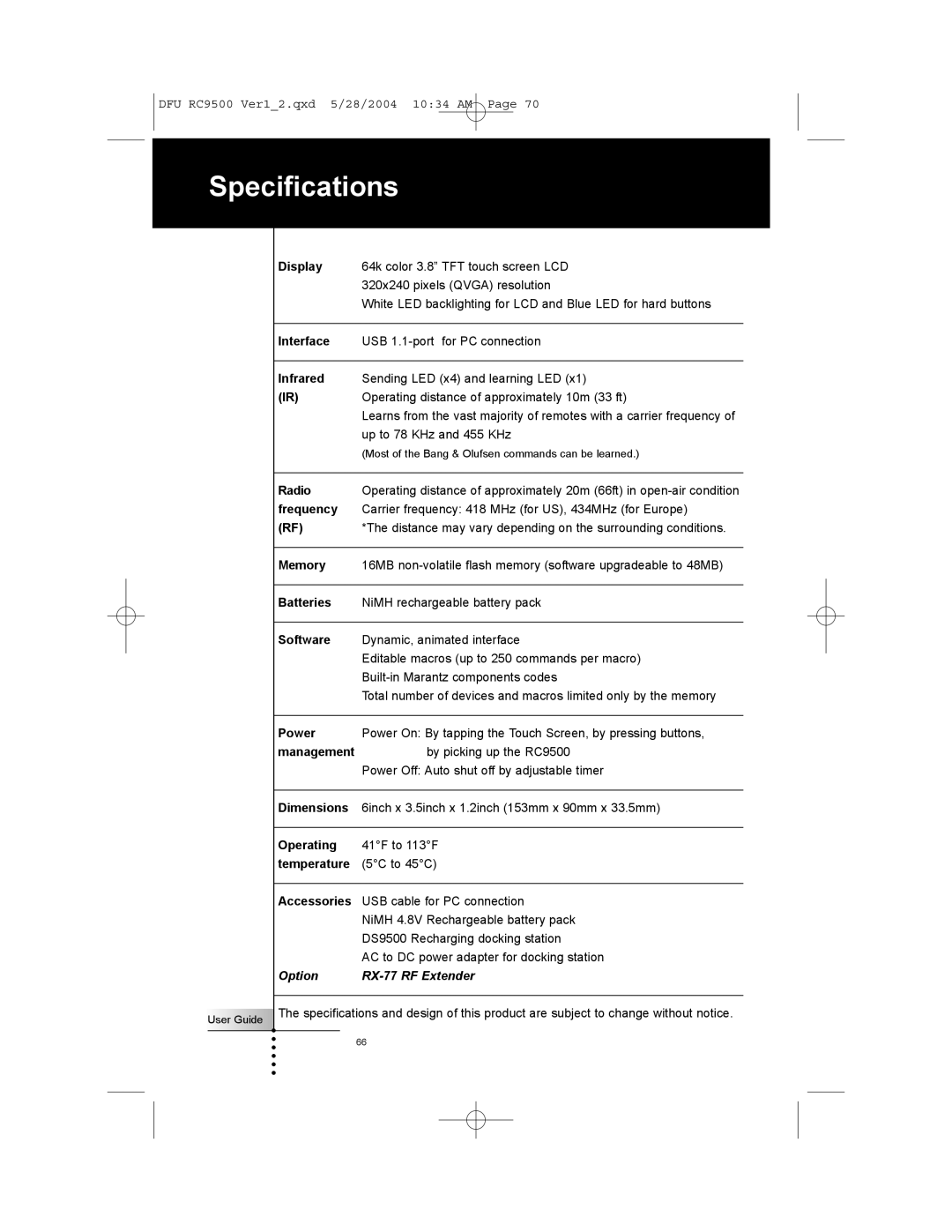 Marantz RC9500 manual Specifications, Display 