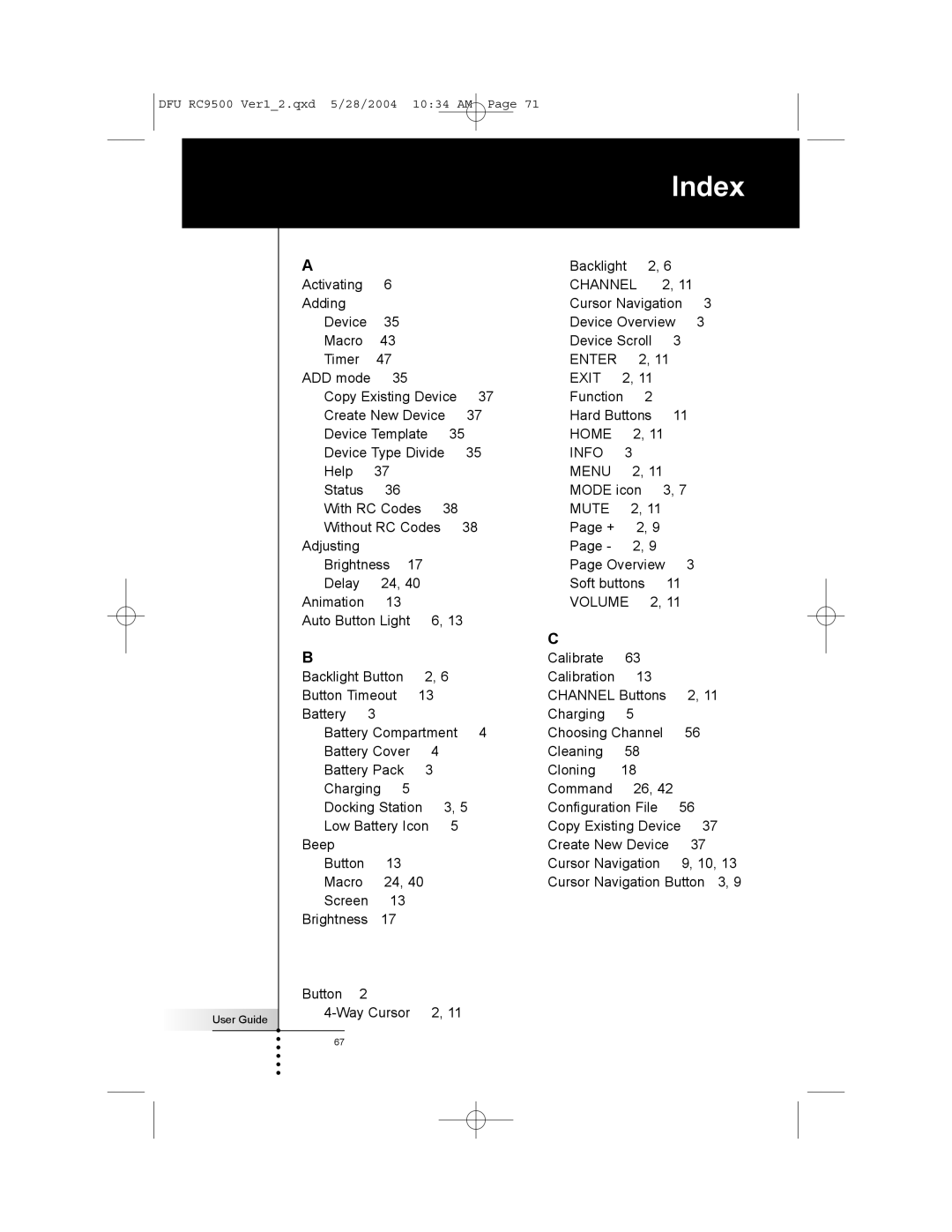 Marantz RC9500 manual Index, Volume 