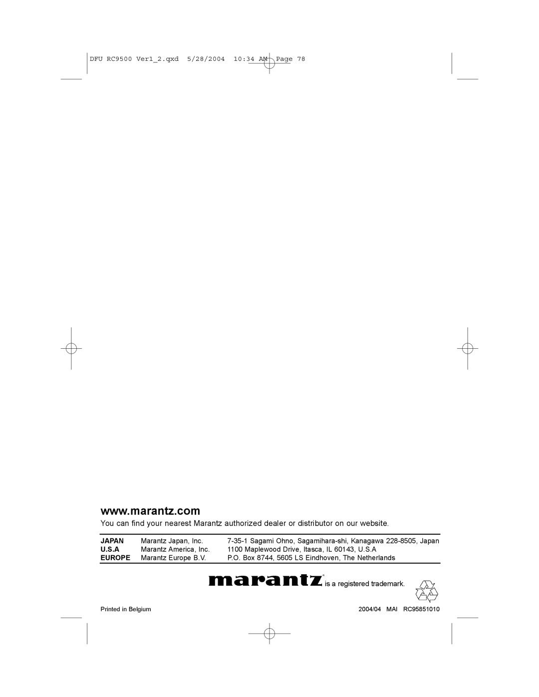 Marantz RC9500 manual Japan 